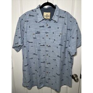 Outdoor Life Chambray Blue Deer Fish Print Button Up Shirt XXL Short Slv Cotton